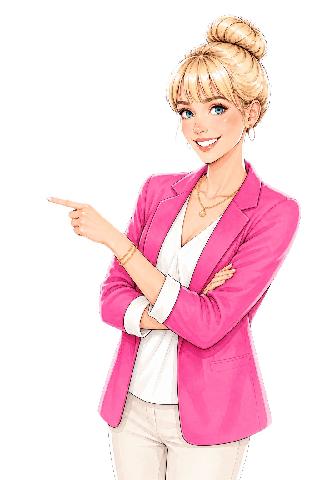 Illustration einer Handmade-Business-Coachin, die auf den Inhalt zeigt