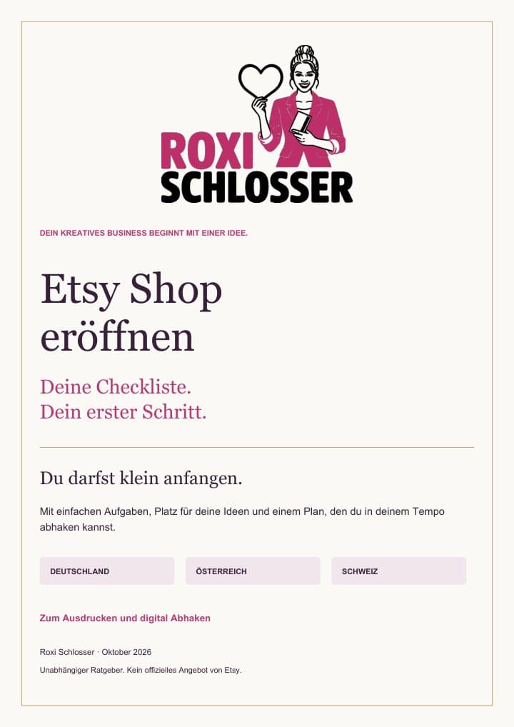 Titelseite der Checkliste „Etsy Shop eröffnen“ von Roxi Schlosser